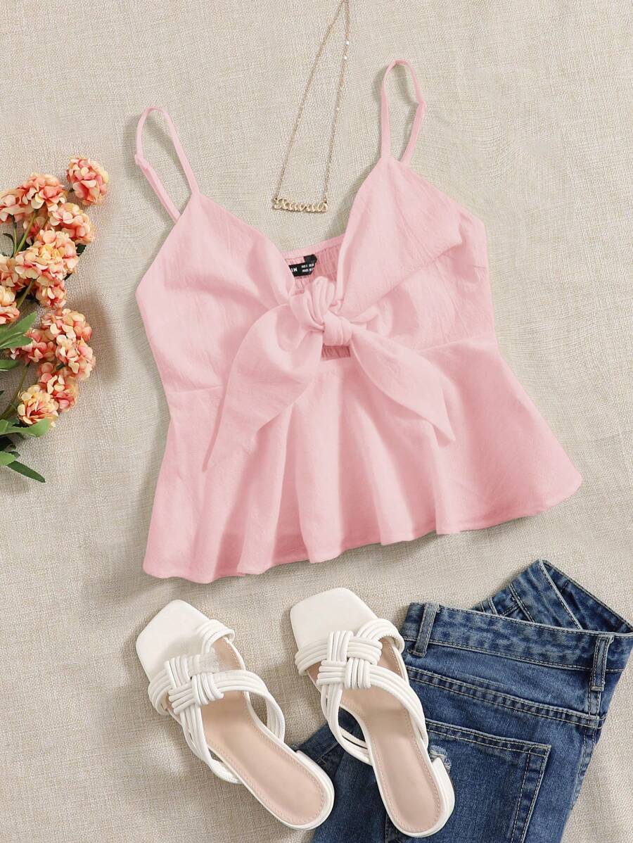 Soleia Woven Solid Color Cami Top With Ruffle Hem And Front Knot Design - Pink - View 1