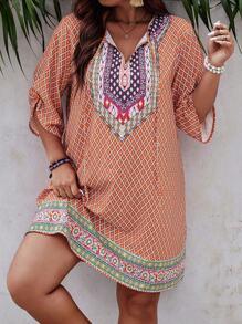 SHEIN Holidaya 大尺寸寬鬆休閒服飾,幾何印花和打結的v領領口 - 橘色 - 查看 3