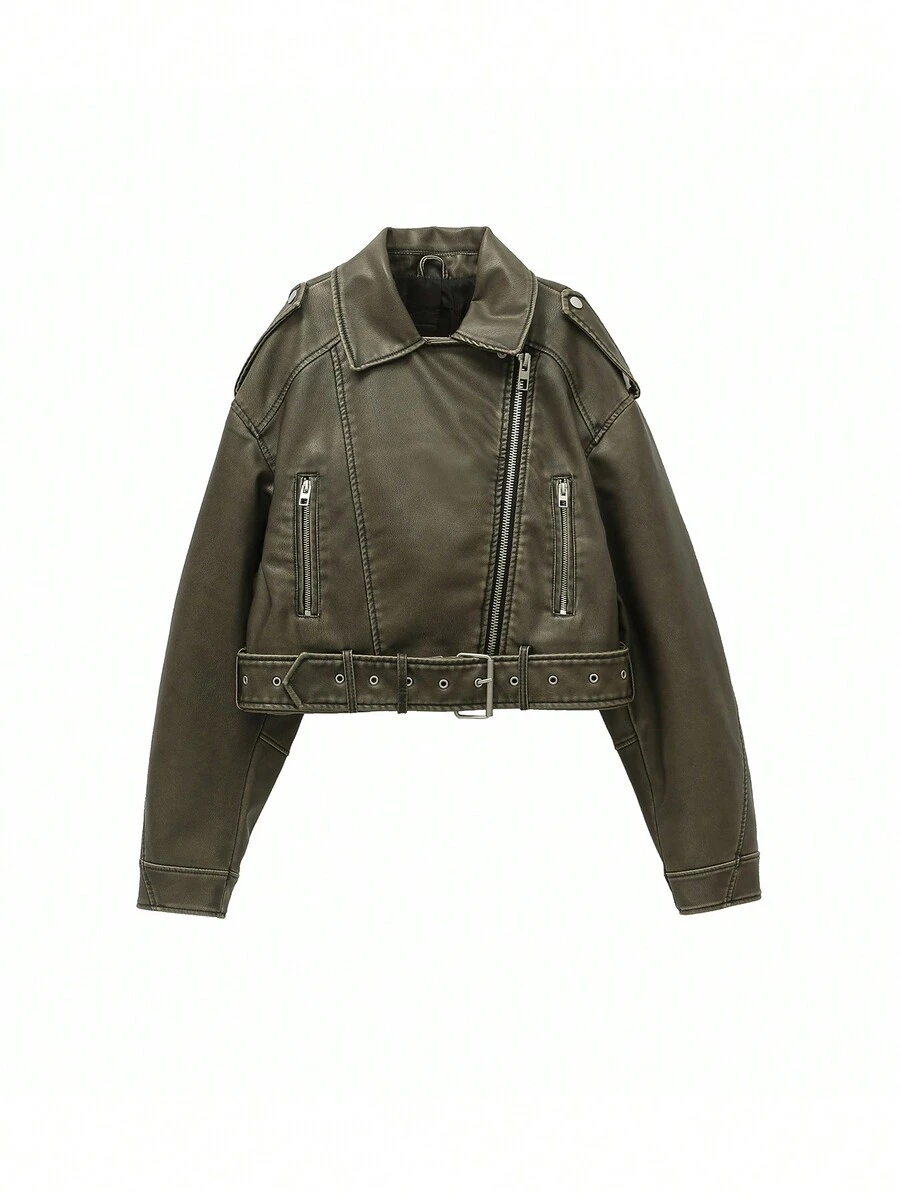 Vintage Distressed Zipper Front Motorcycle Jacket - Army Green - View 1