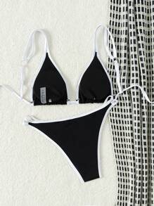 Swim Mod Color Block Bikini Set With Triangular Cups And Edge Wrapping Design, Summer Beach