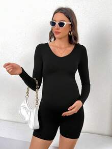 Maternity High Elasticity And Expandable Belly Full Sleeve Romper - Black - View 4
