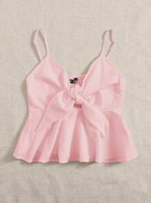 Soleia Woven Solid Color Cami Top With Ruffle Hem And Front Knot Design - Pink - View 3