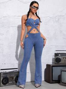 SHEIN ICON Y2k春假音樂節街頭風格性感束縛帶女士丹寧燈籠口連身褲 - 中等水洗藍 - 查看 5