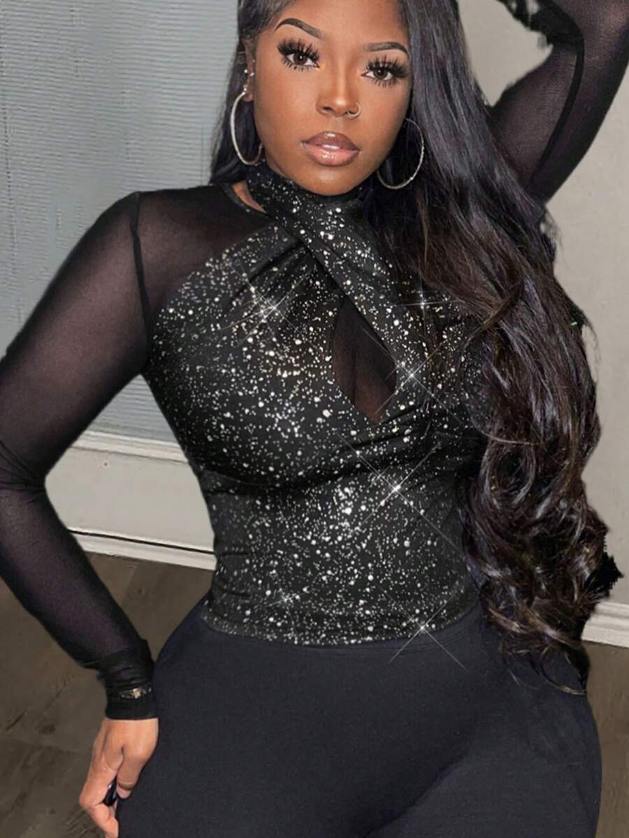 Slaydiva 閃亮網布拼接上衣 - 黑色 - 查看 1