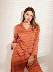 LUVLETTE Conjunto de pijama largo de satén con adorno de encaje para mujer, conjunto de lencería de descanso