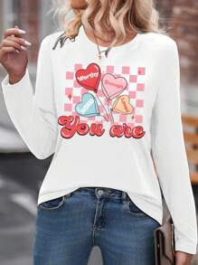 SHEIN LUNE Cute & Sweet Japanese Style Checkerboard Balloon Printed Casual Long Sleeve T-Shirt - White - View 3