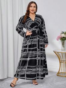 Modelyn Kích thước lớn Của phụ nữ Tròn Vòng cổ In Tay áo dài Đầm - màu đen - Xem 5