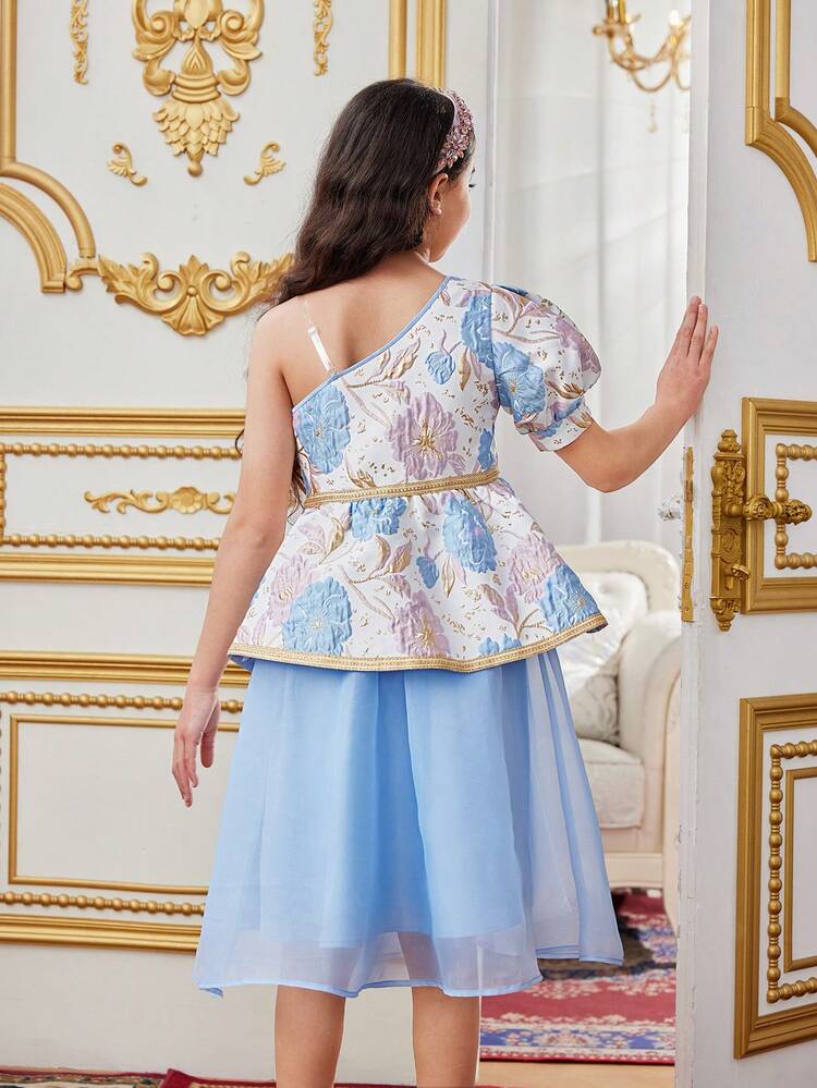 Tween Girls' One-Shoulder Puff Sleeve Tulle Dress With Oversized Bowknot And Jacquard Splice