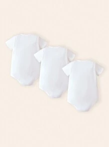 SHEIN Playful Pals 新生兒男女母親節/父親節“我愛媽媽/爸爸”口號3入簡便純色短袖連體衣,在底層使用有趣字母圖案 - 白色 - 查看 2