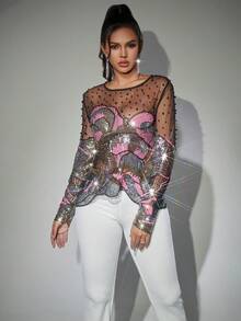 Rave Glamorous Sparkling Contrast Sequin Pearl Beaded Round Neck Mesh See-Through Long Sleeve Club Top - Pink - View 6