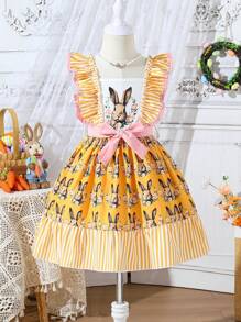 SHEIN Young Girls' Cute And Playful Rabbit Printed Ruffled A-Line Dress With Ruffle Trim For Spring And Summer - Yellow - View 1