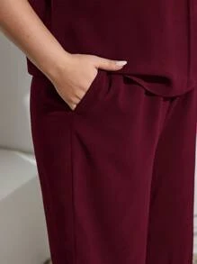 EMERY ROSE Kích thước lớn Màu thuần Vòng cổ Ngắn tay Giải trí Áo Và Rộng chân Quần - Màu Đỏ Sâu - Xem 5