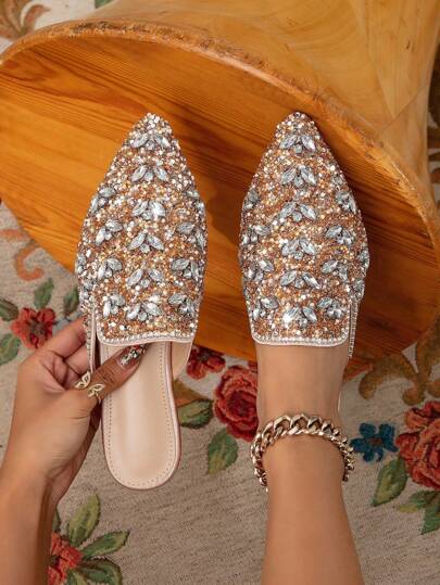 Sexy New Arrival Rhinestone Decor Pointed Toe Flat Slippers For Women, Soft Bottom, Non Slip Outsole, Indoor & Outdoor