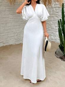 EURMUSE White Surplice Neck Batwing Sleeve Dress - White - View 6