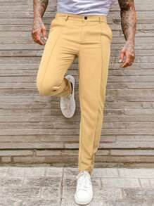 Manfinity Homme Men's Solid Color Suit Pants With Pocket - Khaki - View 3