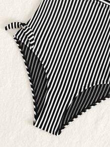 青春期女孩條紋連體泳衣,配有蝴蝶結裝飾,適用於夏季游泳、沙灘 - 黑與白 - 查看 5