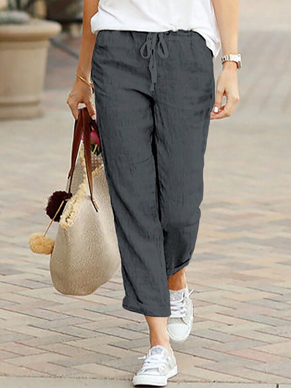 時尚休閒純色彈性腰帶帶口袋休閒長褲