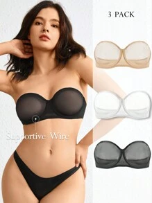Ocili Leisure 3pcs Women's Transparent Strap &Mesh Design Bra Underwire - Multicolor - View 14