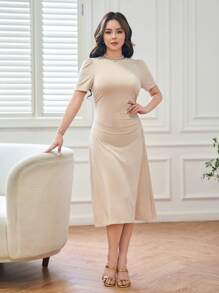 DAZY Round Neck Short Sleeve Pleated Dress Sundress - Apricot - View 4