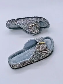 roulvxiang New Rhinestone Sequin Flat Beach Women's Casual House Slippers Outdoor Printed Party Cute Sandals Valentines
