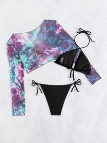 SHEIN Swim 女士纯色打结侧比基尼套装带随机图案性感防晒沙滩和服 3 件套夏季 - 彩色 - 查看 4