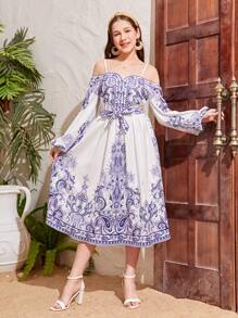 SHEIN Teen Girl Elegant Lantern Sleeve V-Neck Wrap Belted Guava Printed Dress - Blue - View 3