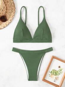 SHEIN Swim 女士纯色两件套泳衣 夏季 - 綠色 - 查看 3