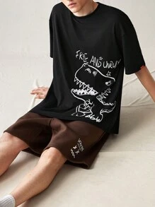 Manfinity RebelGame Conjunto De Camiseta Y Pantalones Cortos De Punto De Ocio Con Estampado De Dinosaurio Para Hombre