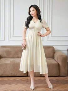 DAZY Đầm suông thường ngày cổ chữ V tay bồng thắt eo - Màu be - Xem 9