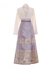 Chinese Style Improved Hanfu Inspired Floral Brocade Embroidered Wrap Skirt - Mauve Purple - View 5