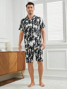 Men's Printed Button Down Short Sleeve Top And Shorts Homewear Set - Black - View 3