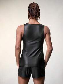 FeverCity Men's Sleeveless Stretchy Faux Leather Side Split Tank Top And Shorts Set - Black - View 2