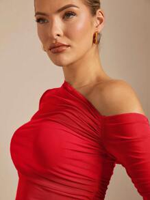 SHEIN BAE 露肩褶皺透視合身 T 卹 - 紅色 - 查看 7