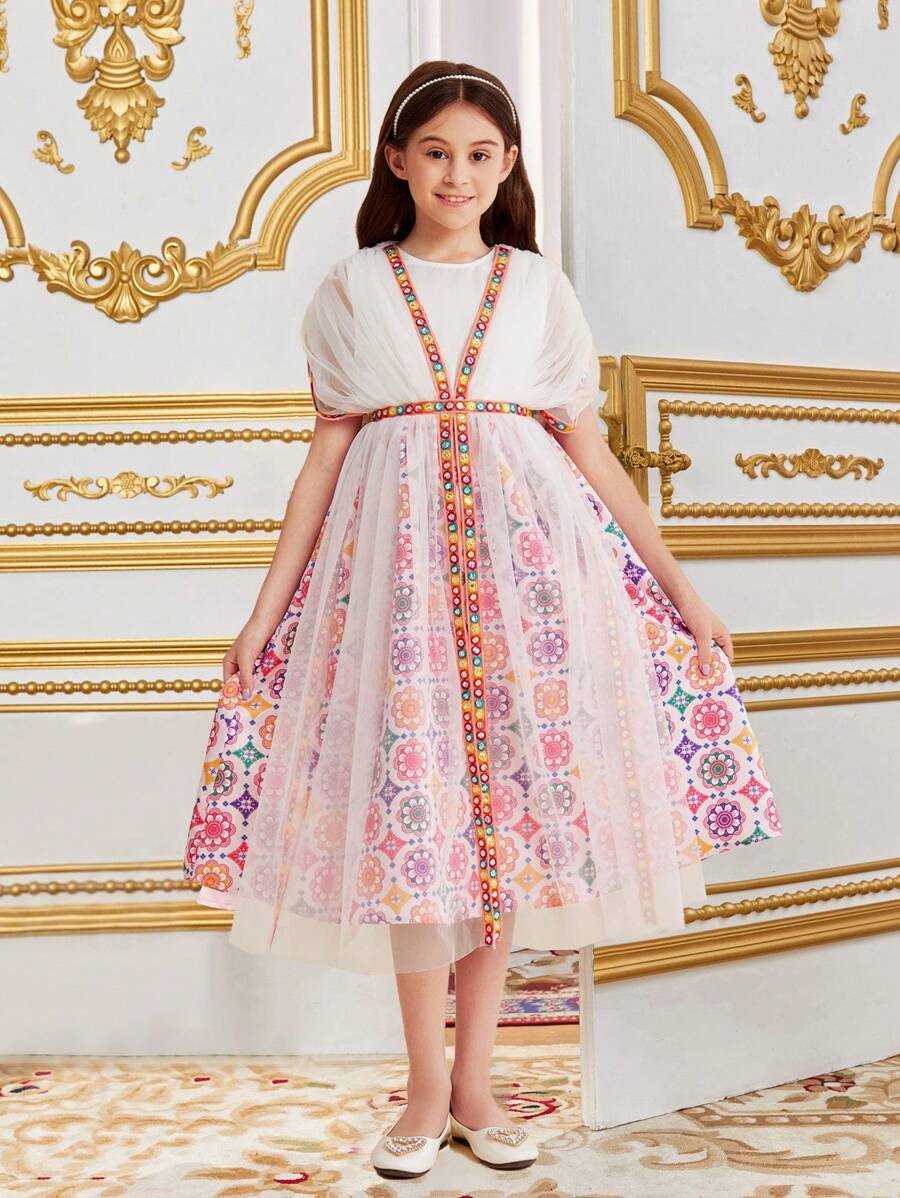 SHEIN 青少女網眼和緞帶裝飾的圓領花印拼接中長裙 - 玫紅色 - 查看 1