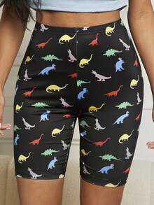 SHEIN EZwear 女款針織恐龍印花休閒短褲/褲襪,適用於日常穿著 - 彩色 - 查看 3