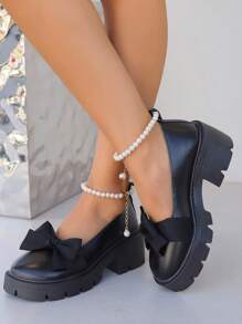 Zapatos de estilo Mary Jane para niñas con suela gruesa, llegada nueva de primavera, lazo con nudo y falso adorno de perla, mocasines de estilo dulce