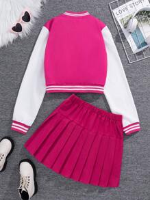 SHEIN 青少年女孩字母貼布條紋飾邊學院風夾克&百褶半身裙 - 彩色 - 查看 2