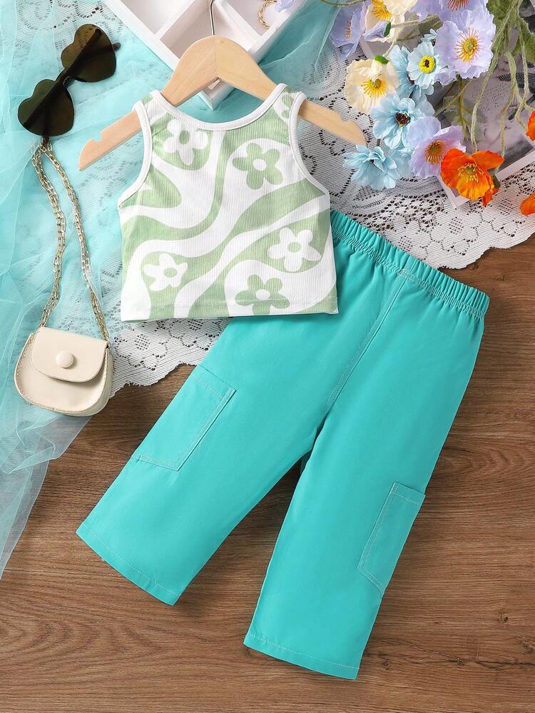 Baby Girl Fashionable Color Block Flower Printed Top And Solid Color Long Pants Summer Outfit