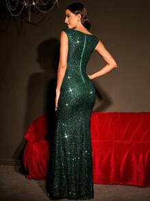 後拉鏈魚尾裙下擺亮片伴娘洋裝