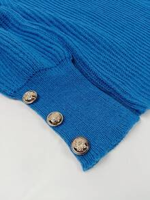 Suéter holgado de cuello alto para mujer, suéter informal formal de punto acanalado con botones y manga larga - Azul - Ver 8