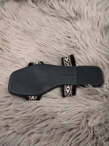 女款時尚平底涼鞋,夏日沙灘防滑可愛拖鞋,黑色條紋低跟涼鞋 - 黑色 - 查看 6