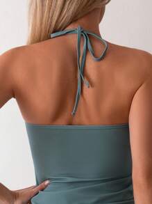 SHEIN Swim NỮ Cây dừa & Lá thư & In hoa hoàng hôn Áo hai dây Và màu trơn Đáy Bikini Ba Lỗ Bộ , Cho mùa hè , bờ biển , , Du lịch , Kỳ nghỉ , Hồ Bơi - xanh quân đội - View 3