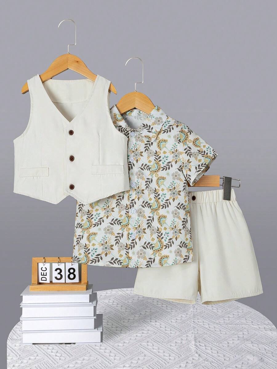 3pcs Young Boy Casual, Comfortable, Fashionable, Simple And Practical, Full-Print Tropical Plant Pattern Shirt And Solid Color Vest Shorts, Suitable For Spring And Summer - Multicolor - View 1