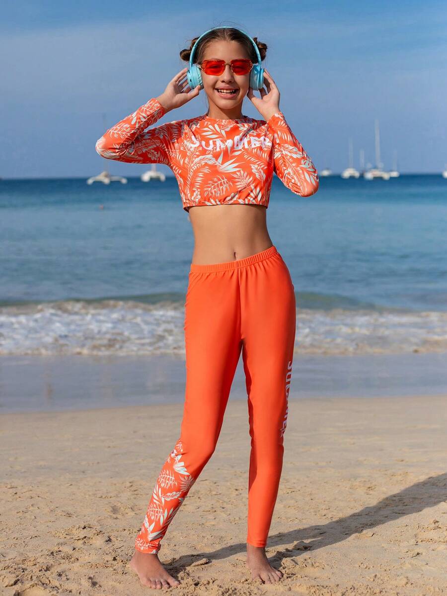 Teen Girls' Plant & Letter Printed Swimwear Set - Orange - View 1