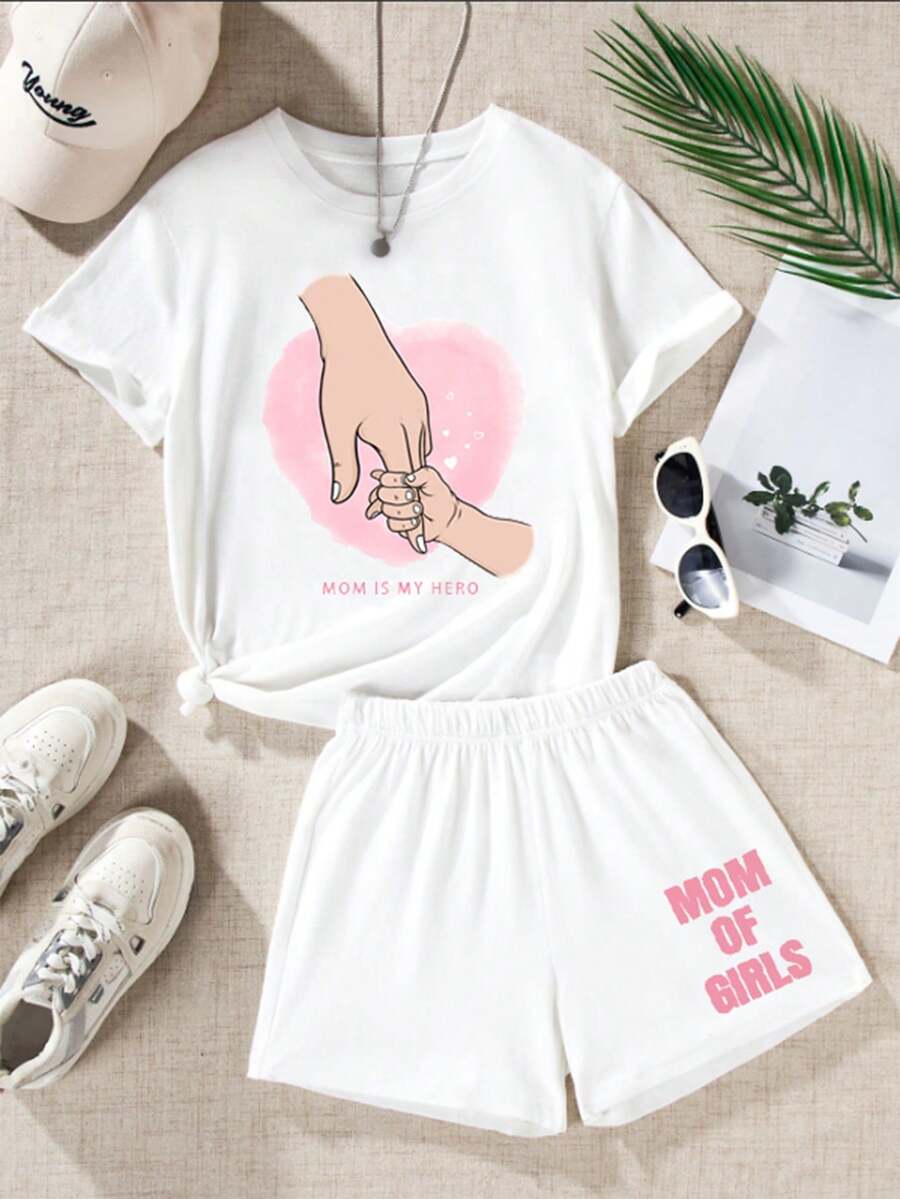 Tween女孩母親節愛心手印短袖上衣,採用字母印花短褲2件套 - 白色 - 查看 1