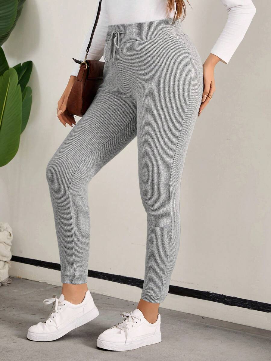 SHEIN LUNE 大尺碼純色橡筋腰束口褲 - 灰色 - 查看 1