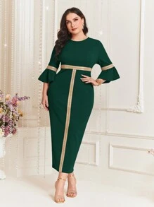 Modelyn Plus Size Ruffle Sleeve Color Block Belted Dress - Dark Green - View 5