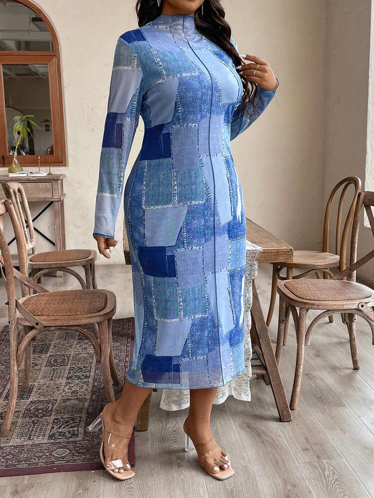 Plus Size Women's Patchwork Printed Stand Collar Long Sleeve Dress