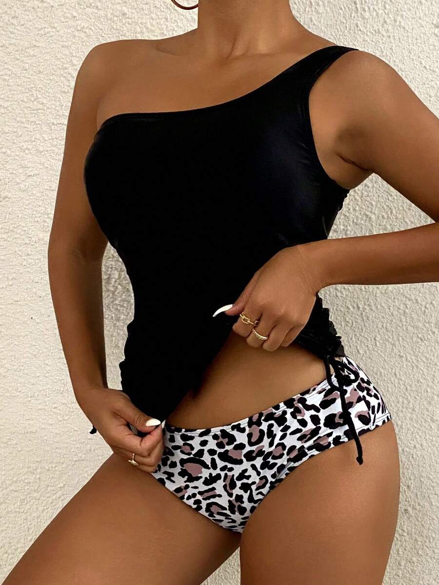 SHEIN Swim 女士豹纹单肩抽绳褶饰比基尼套装夏季海滩 - 彩色 - 查看 1