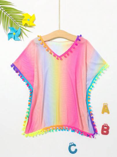 Young Girl Ombre Color Ball Embellished Cover-Up Top Summer Holiday
